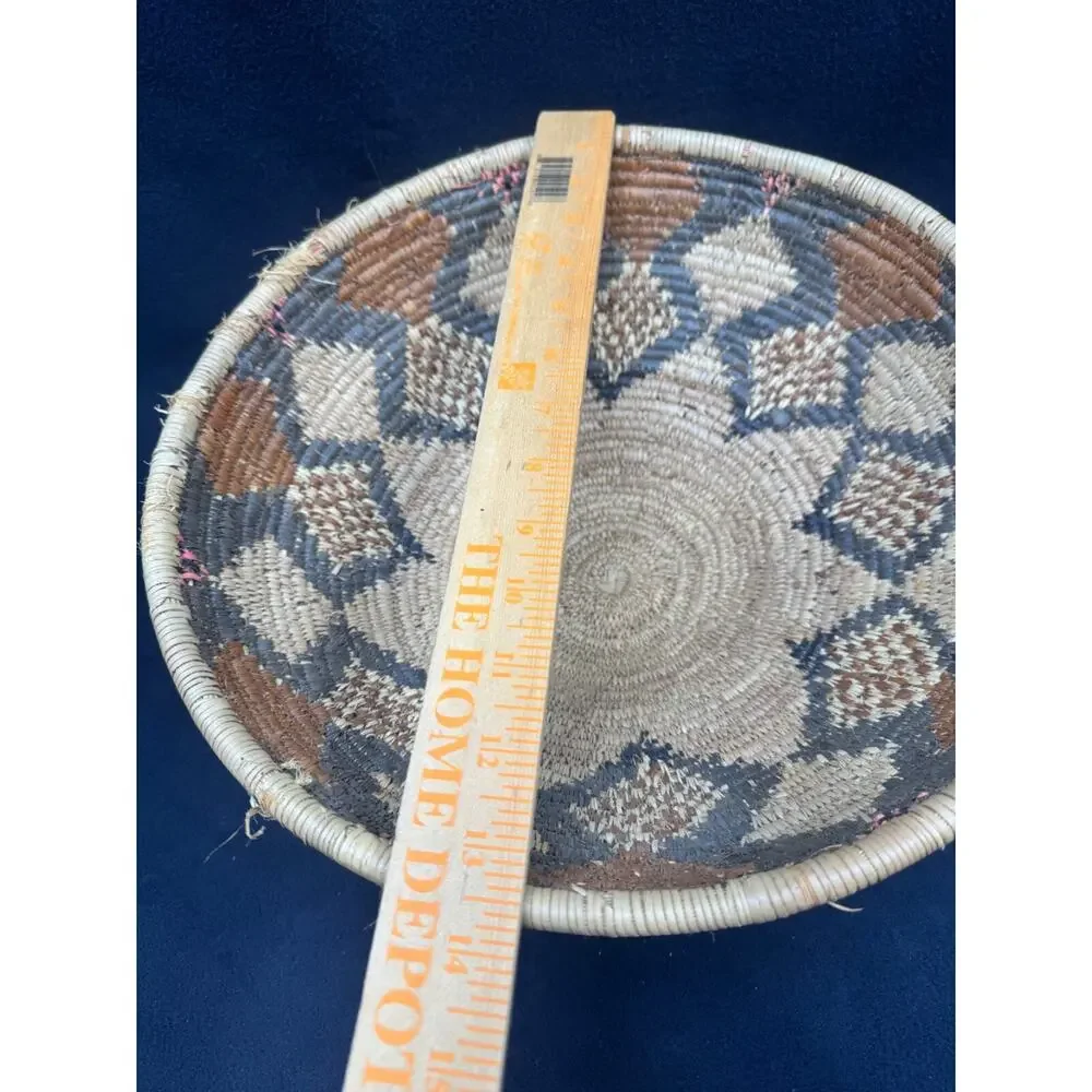 Vintage African Tribal Geometric Coiled Bowl Basket 14” Brown Tan Pink